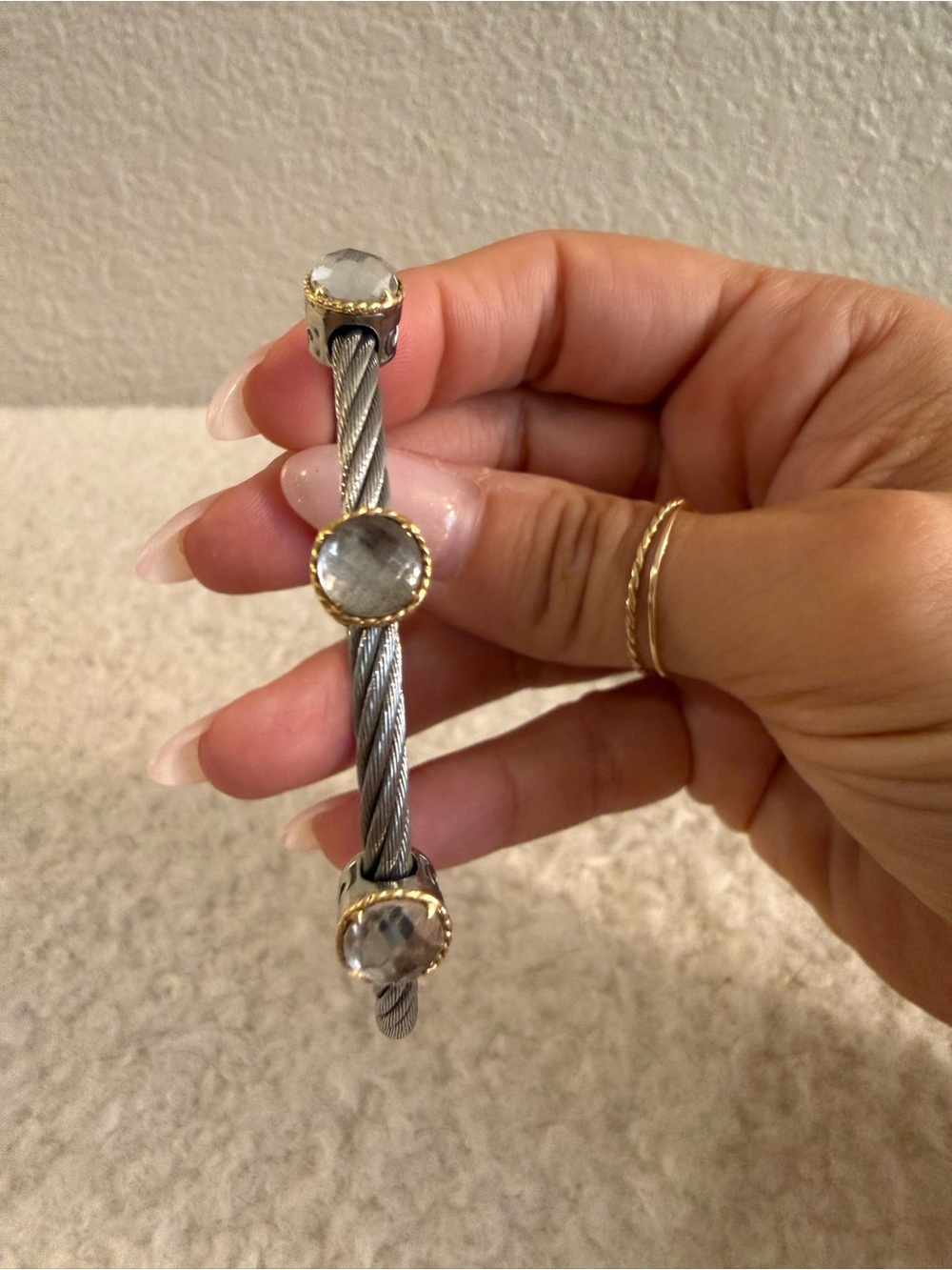 Charriol 3 Station Steel Cable Bangle Bracelet with Faceted White Topaz - Picture 6 of 7